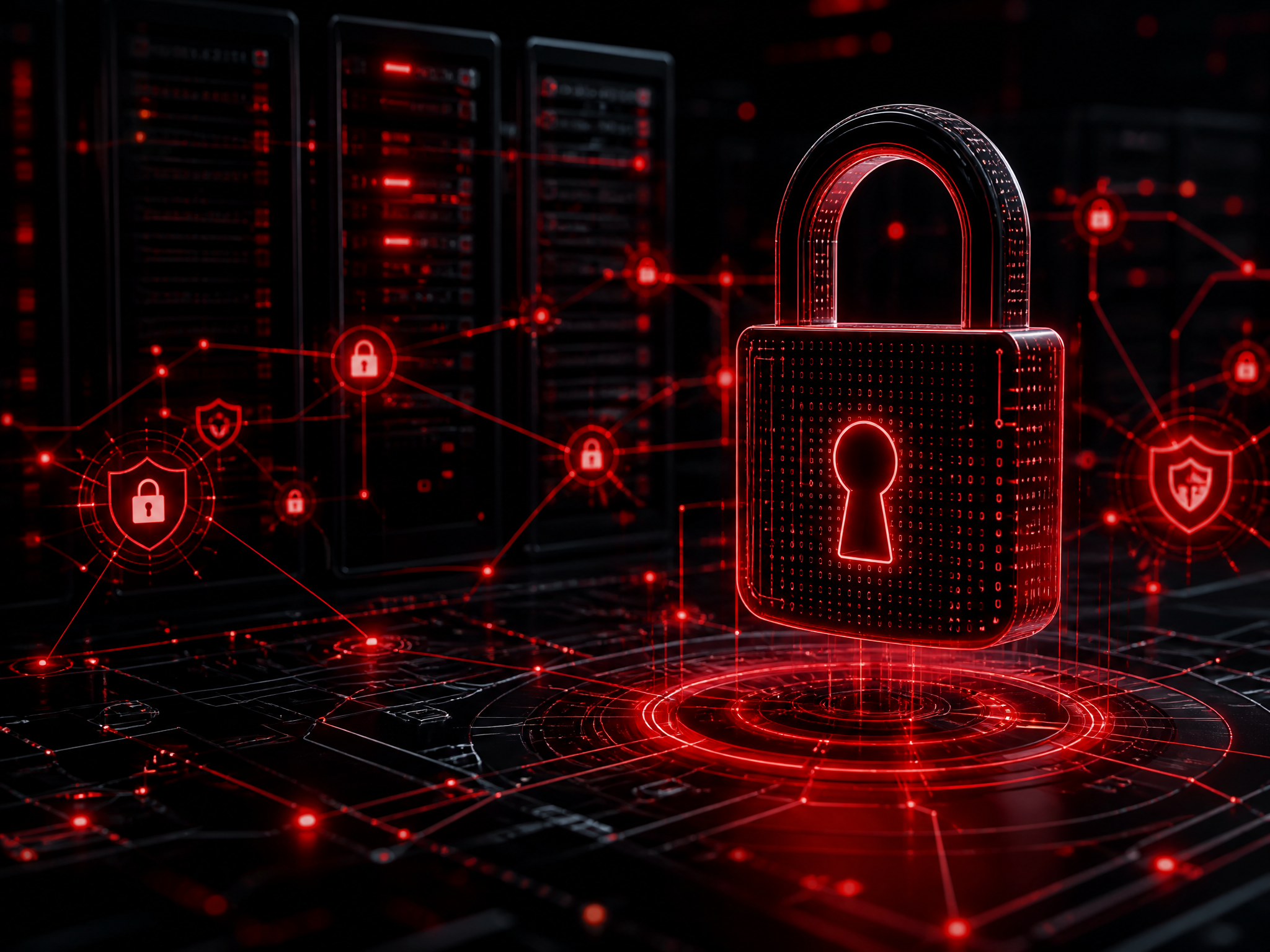 Abstract dark cyber security visualisation with a padlock over red-lit circuitry