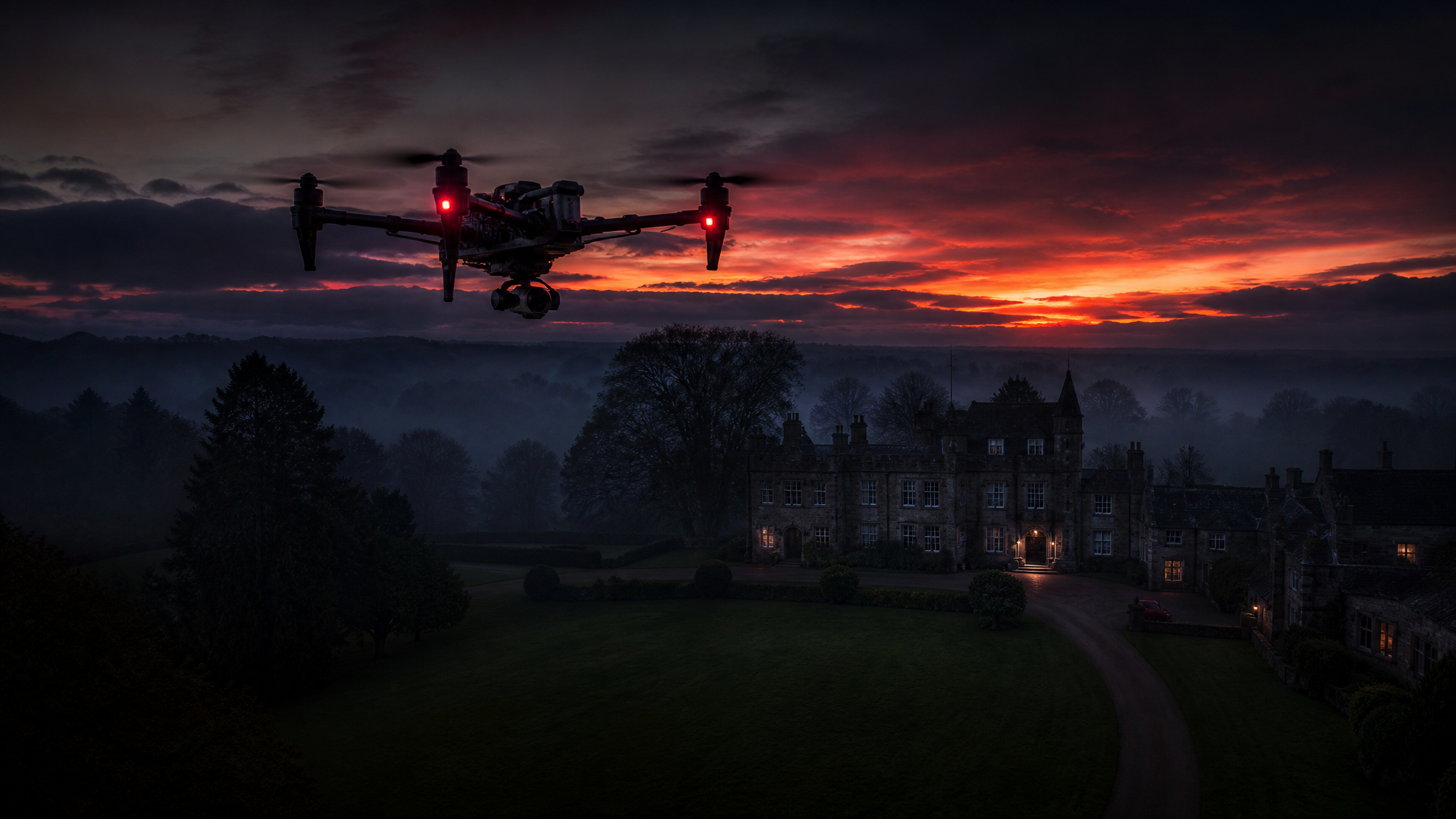 Inspection drone silhouetted over a UK estate at dusk, representing total physical, digital and aerial security